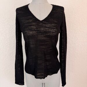 Eileen Fisher Black Sheer Linen Blend Open Knit V Neck Minimalist Sweater XS